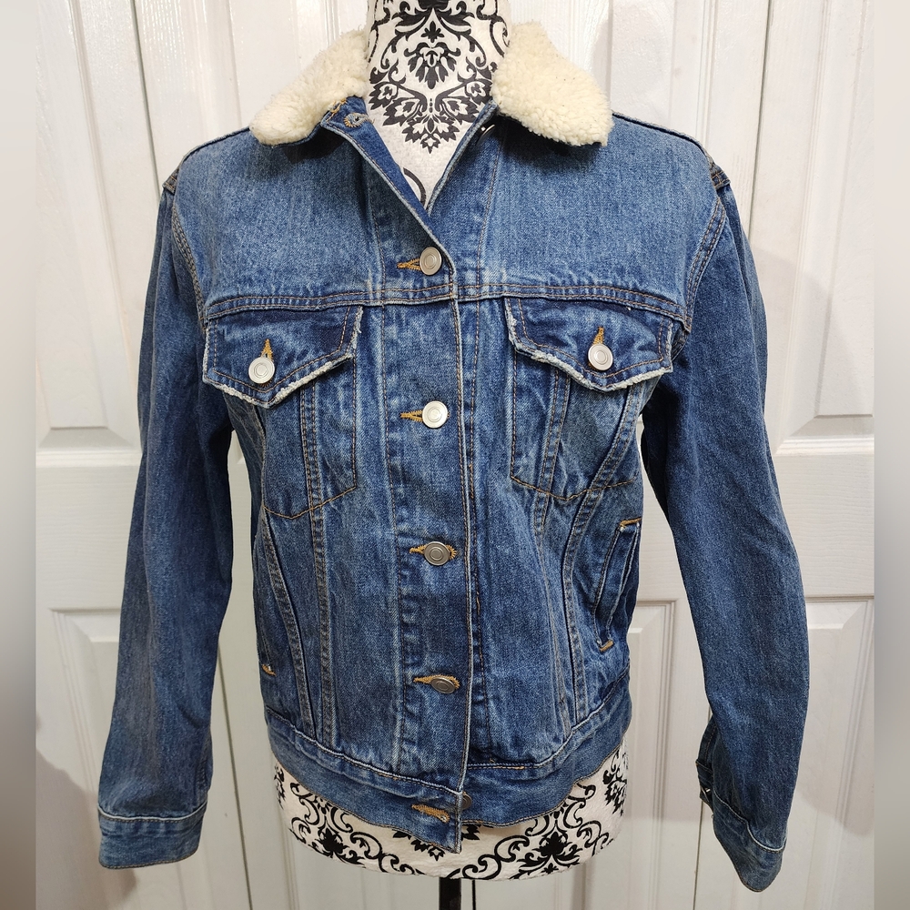 Unveil 100% Cotton Long Sleeve Sherpa Collar Denim Jacket